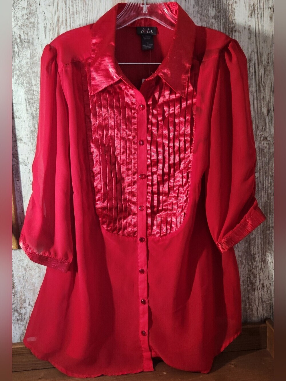 Vintage Dots Red Satin-Pleat Button Front Blouse With Tie Belt Size 1X L@@K